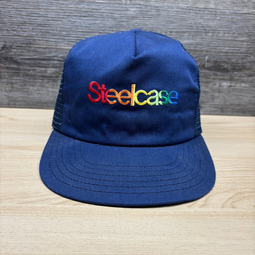 Vintage Steelcase Hat Cap Snap Back Blue Rainbow Logo Office Furniture Trucker